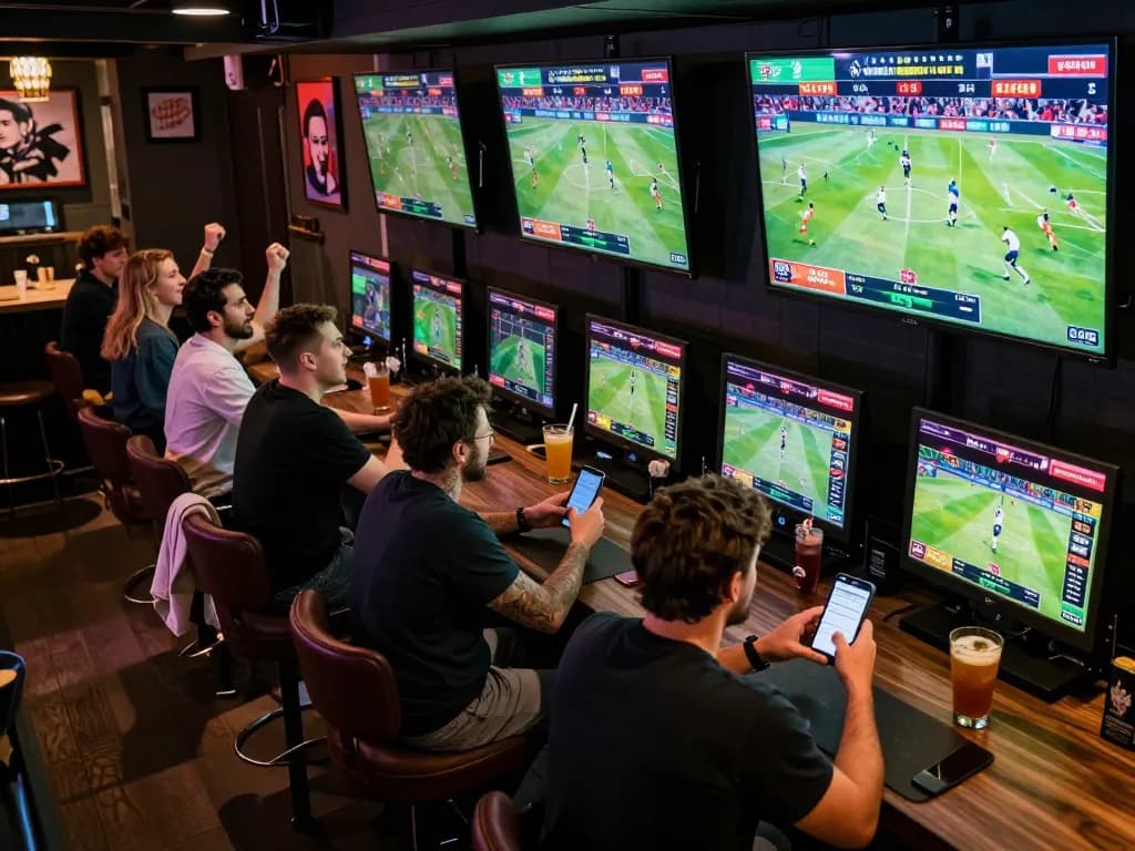 Excited patrons engaging in live sports betting at FABET, using apps to place bets.