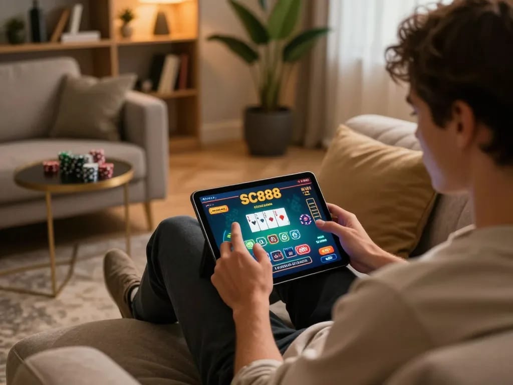 Engaging in SC888 online gaming on a tablet surrounded by a cozy home atmosphere.