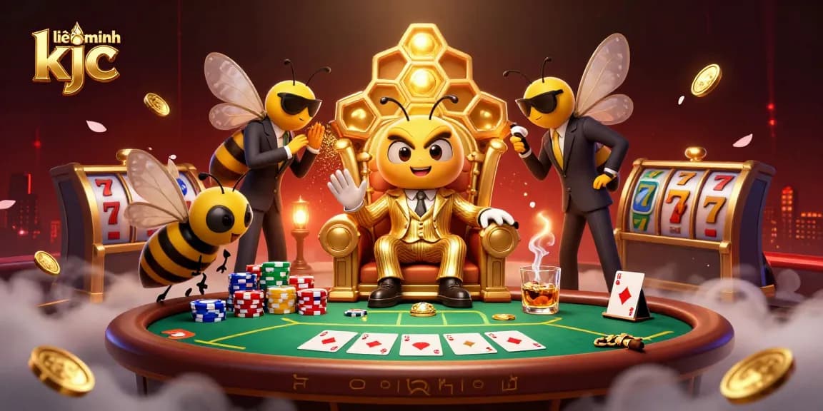 Experience the vibrant scene of liên minh kjc, showcasing a cartoon bumblebee mob boss in a lush digital casino setting.