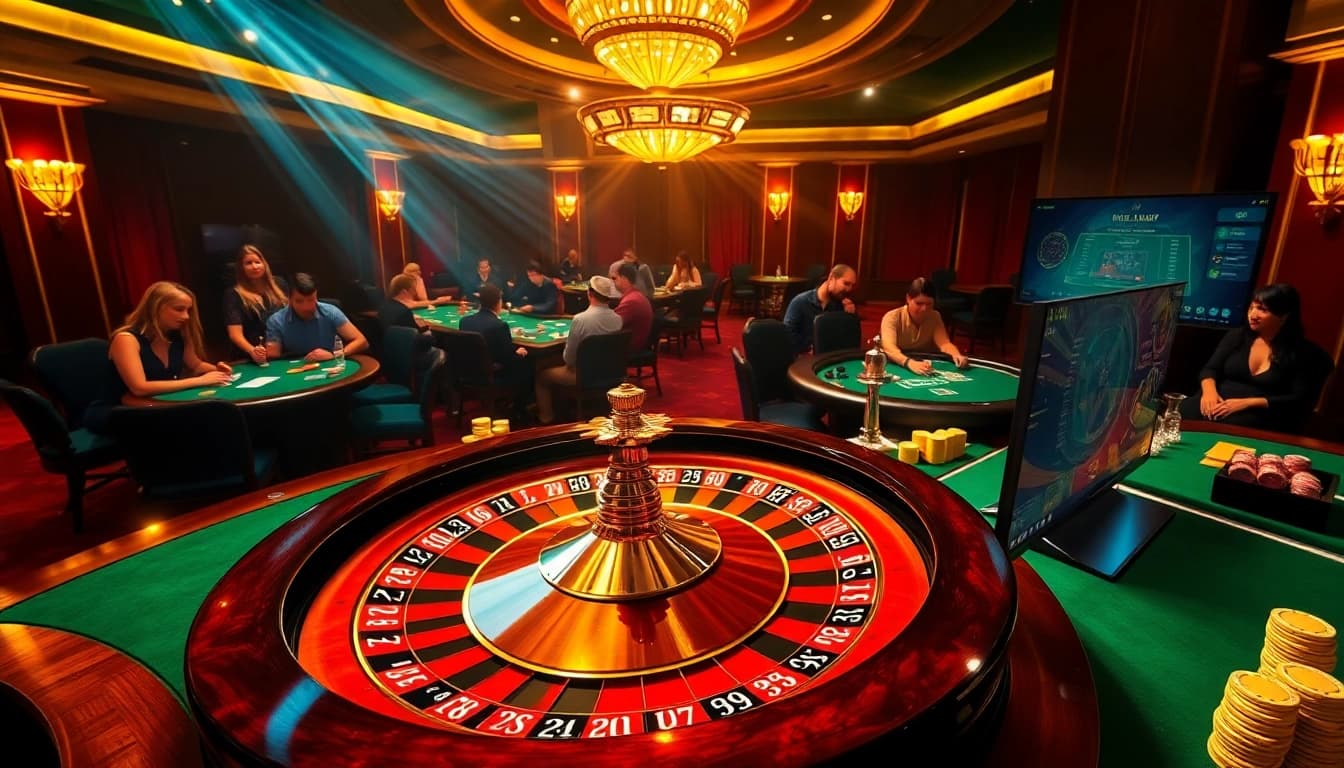 Exciting gameplay at LC88 Link casino with roulette wheel, poker tables, and vibrant players.