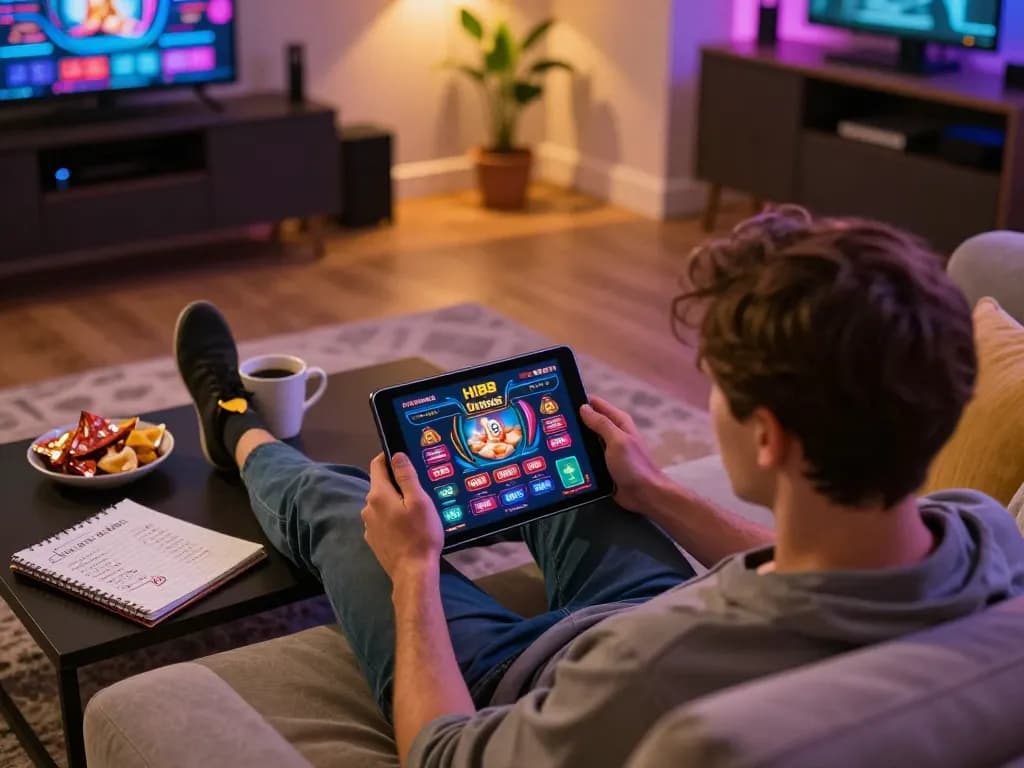 Player engaging with HI88 casino app, enjoying online gaming experience in a cozy home environment