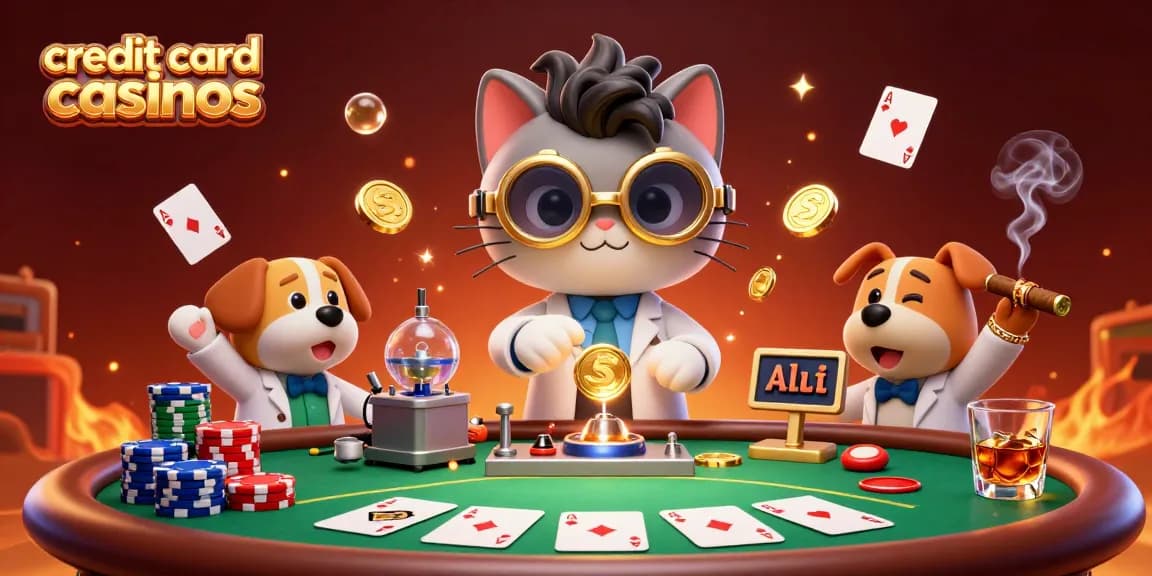 Engage with credit card casinos through thrilling gameplay illustrated by a mad scientist cat.
