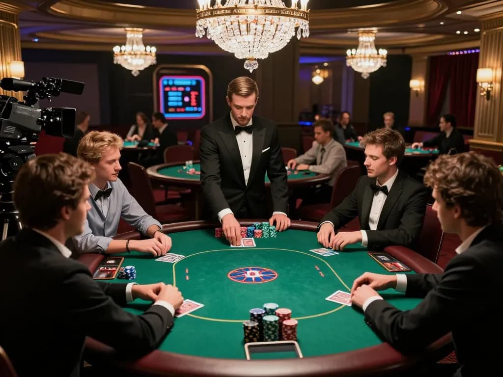 Action-packed TT88 poker game at a luxurious casino table, showcasing players strategizing and placing bets.