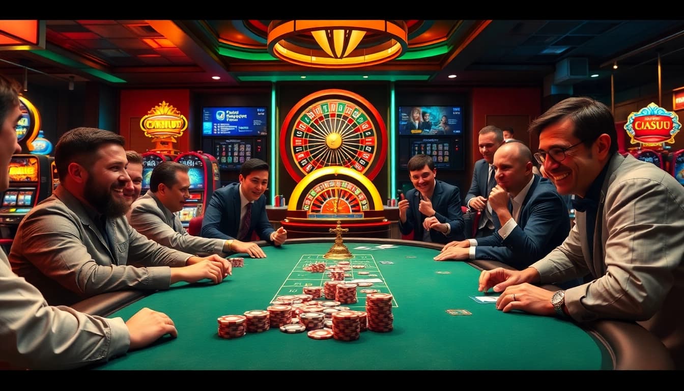 Jogadores aproveitando um jogo emocionante na mesa do cassino KK55, cercados de emoção e luxo.