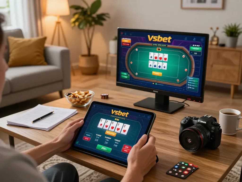 Engaging with the Vsbet app on a tablet in a cozy home gaming atmosphere