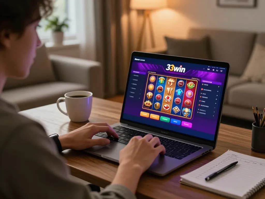 Engaged player using 33win online casino app on laptop, showcasing vibrant gameplay in cozy home environment.