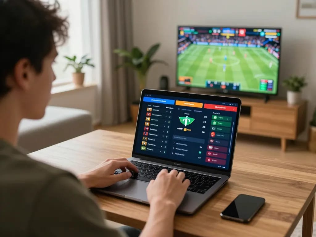 Player analyzing Tỷ Lệ Kèo for strategic sports betting from a cozy home setup.