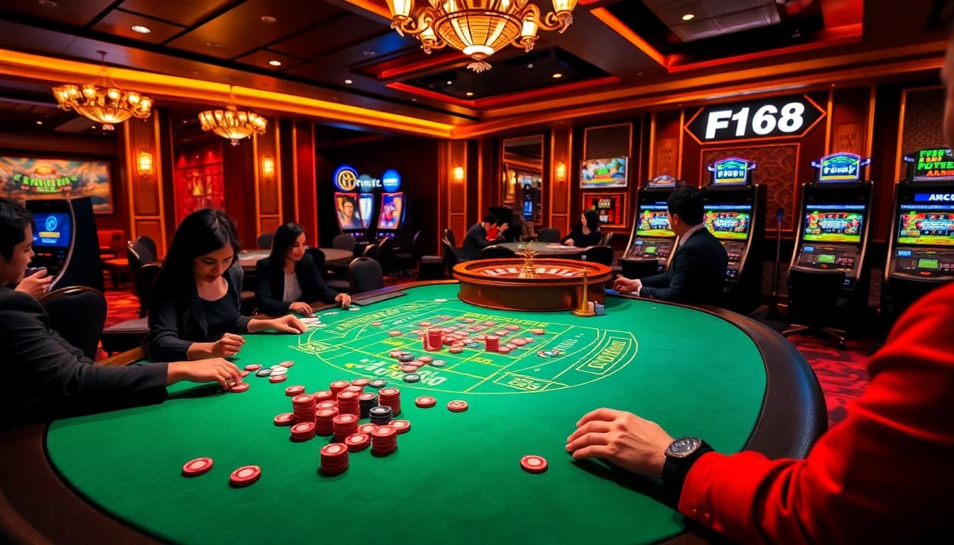 Experience F168's vibrant casino atmosphere with poker players and spinning roulette.