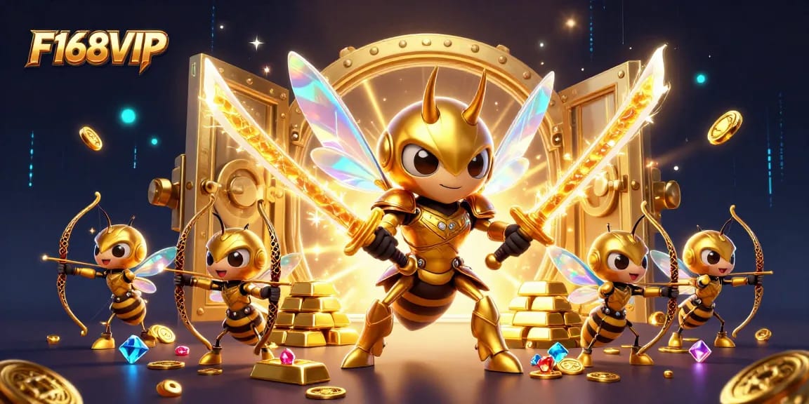 Win big with F168VIP as a legendary golden hornet leads thrilling treasure pursuits in an online casino.