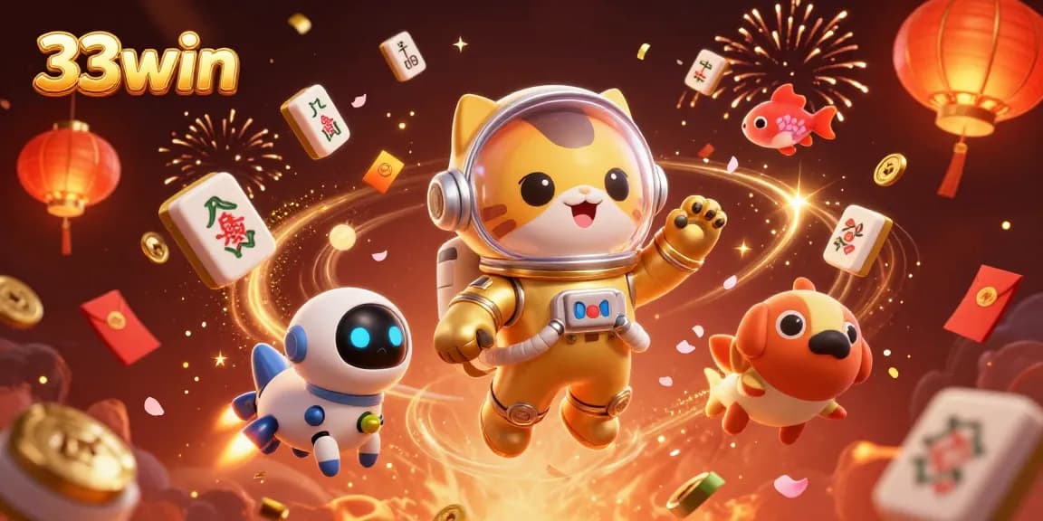 Experience thrilling gameplay with 33win, featuring a 3D cartoon space astronaut cat and robot dog amid a vibrant casino scene.