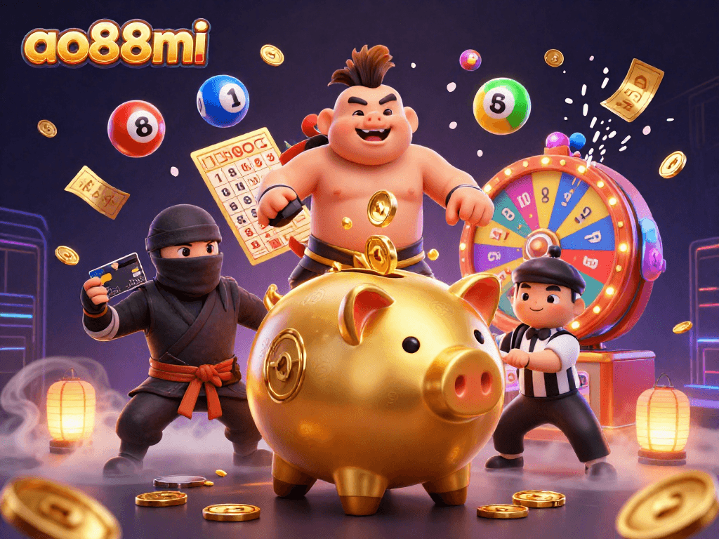 Join the fun at ao88mi with a spectacular 3D illustration of a golden piggy bank and friends in a vibrant casino scene.