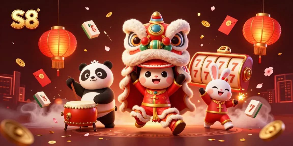 S8 players enjoying vibrant slot games, surrounded by dynamic slot reels and festive elements.