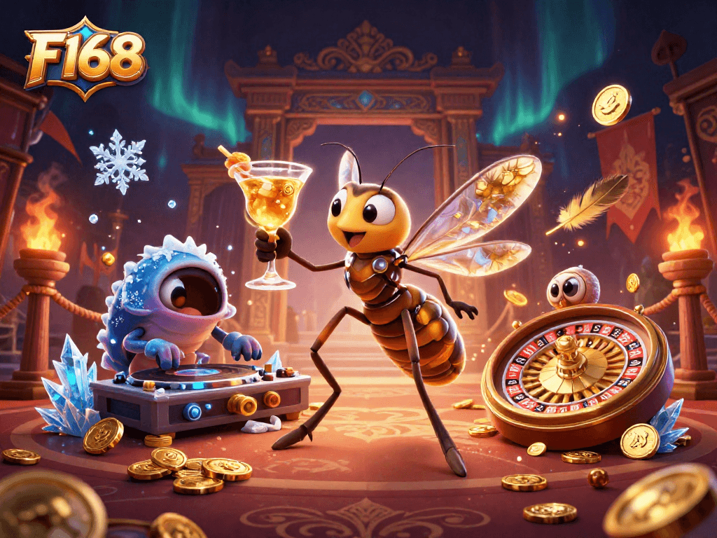 Engage in thrilling gambling at F168 with a vibrant 3D illustration featuring unique casino elements.