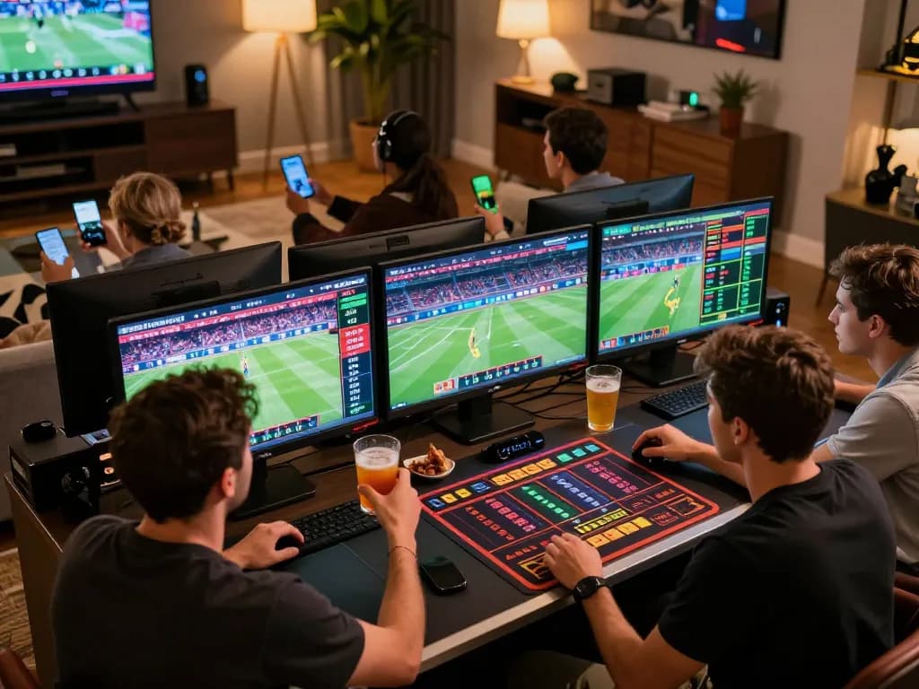 Engaged bettors placing wagers at F168 sports betting table surrounded by screens.