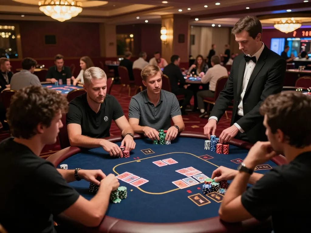 Players strategizing at poker tables, showcasing excitement at keonhacaii88's vibrant casino atmosphere