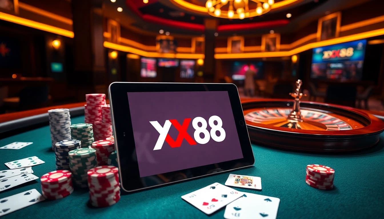 Experience the thrill of gambling at XX88 with cards, chips, and a roulette wheel in a lavish setting.