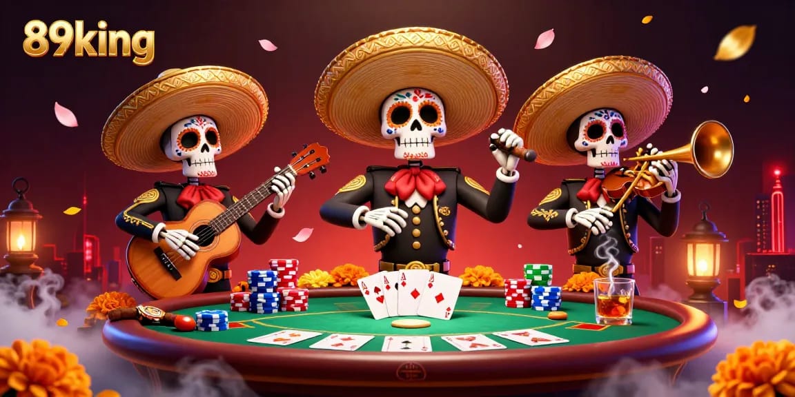 Join the excitement at 89king with a vibrant mariachi band and poker elements in action.