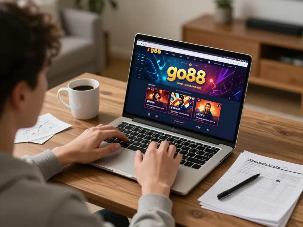 Engaging with go88 online casino games at home with laptop, creating strategic gaming moments.
