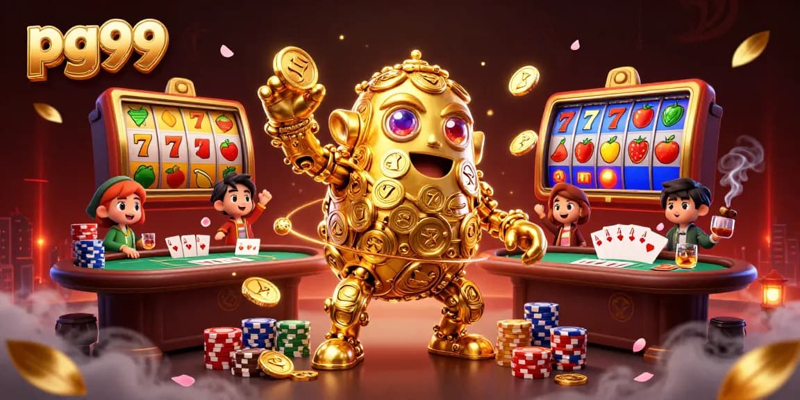 Experience the excitement of pg99 with a golden golem amidst vibrant slot reels and poker elements.