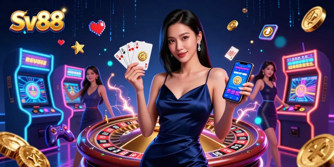 Play casino games at Sv88 with a stunning Asian woman showcasing her winning chip and mobile app.