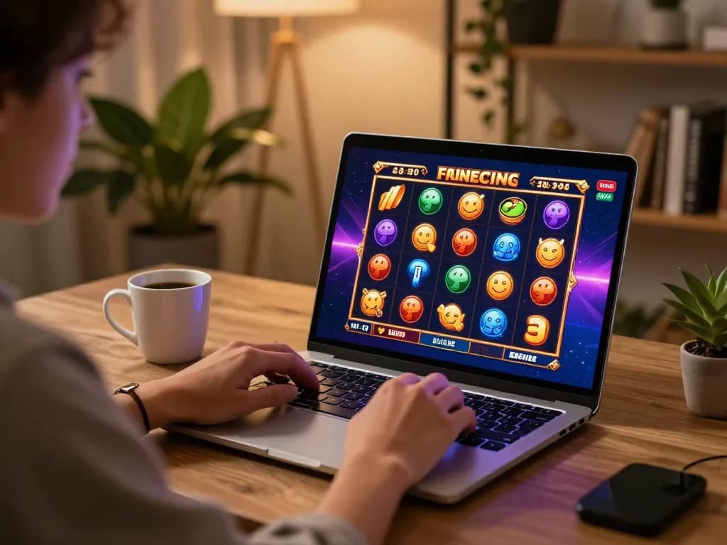 Net88 player enjoying a slot game on a cozy home laptop setup with vibrant graphics.