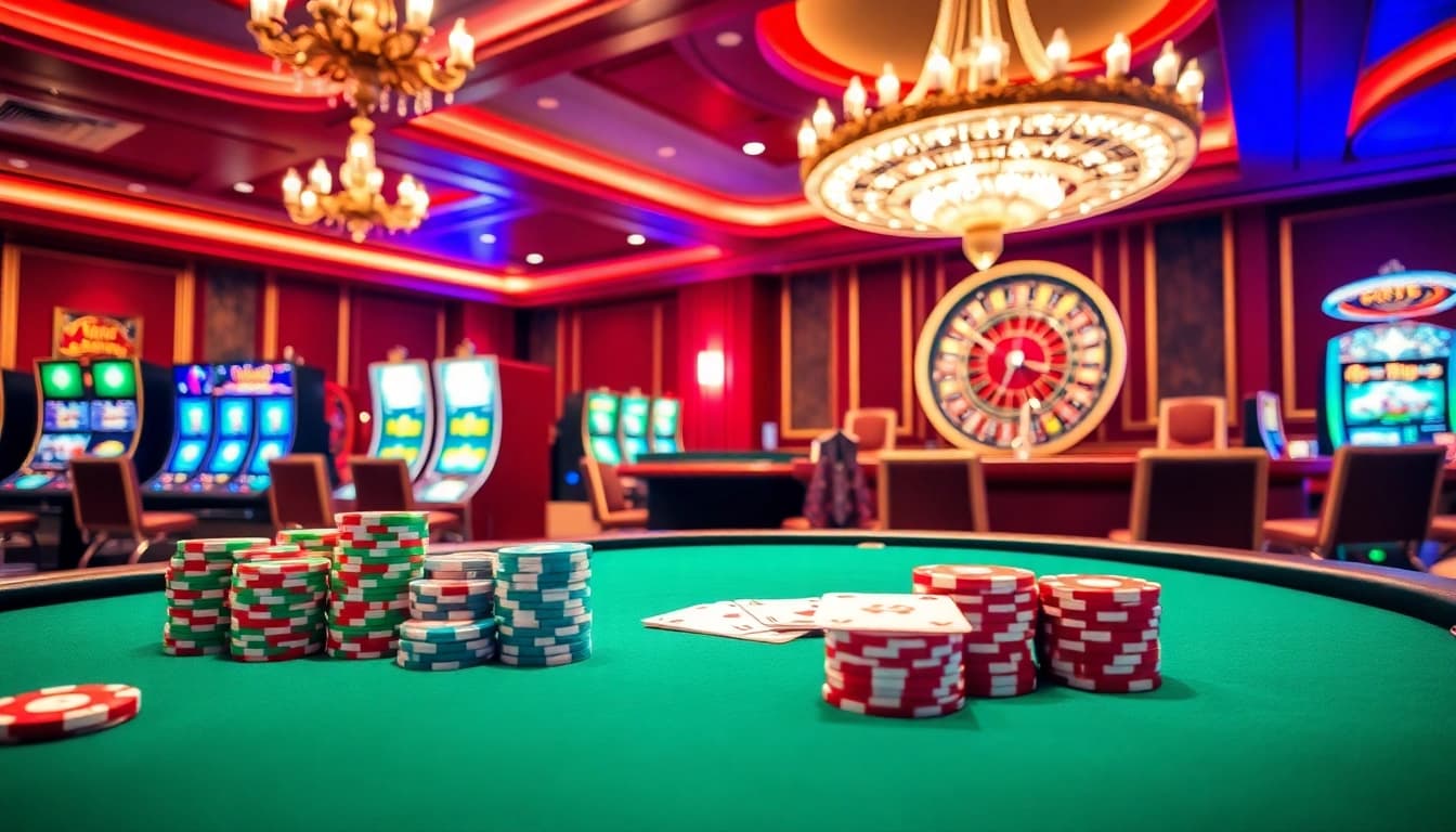 Experience the excitement of TG88 at a professional casino with poker chips and vibrant slot machines.
