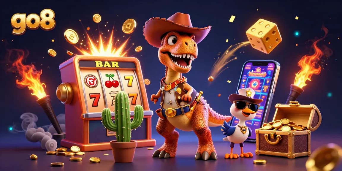 Spin to win at go8, featuring a cowboy dinosaur and friends enjoying a casino jackpot scene.