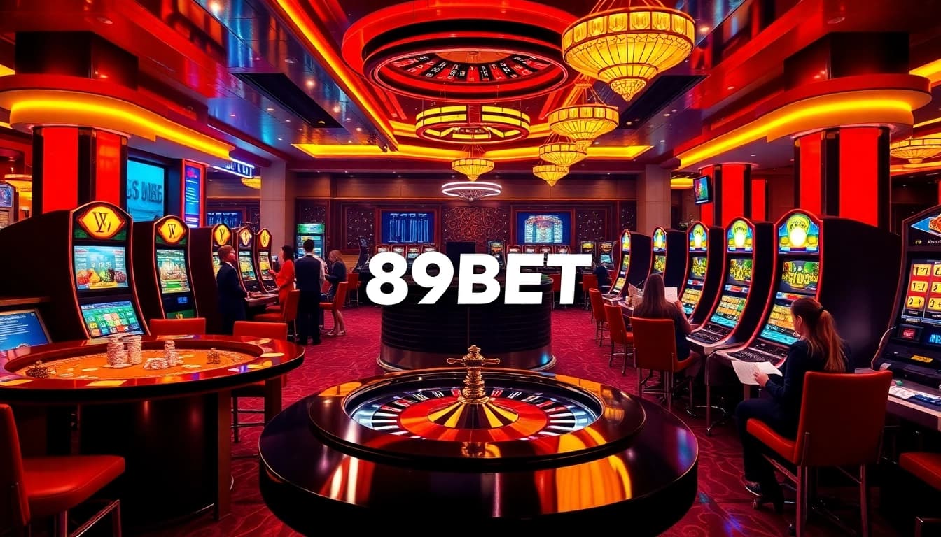 89BET online casino setting with luxury tables, vibrant slot machines, and dynamic player engagement.