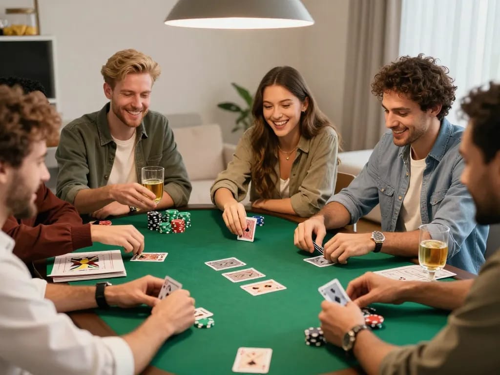 Engaged players enjoying a poker night at home, reflecting the fun atmosphere of gambling at https://go8.agency/.