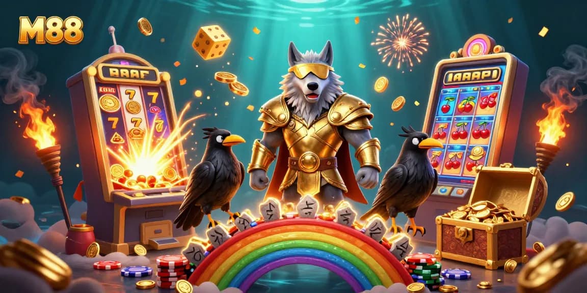 M88 offers thrilling casino action with 3D characters and a jackpot exploding with gold coins, creating excitement.