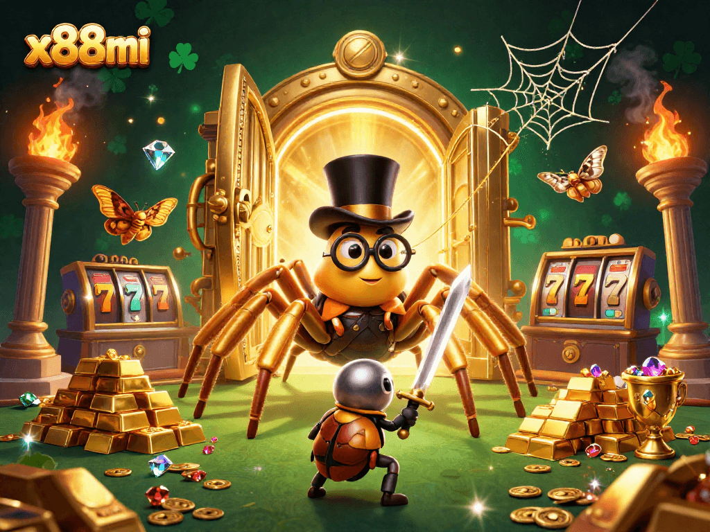 x88mi's vibrant 3D scene depicts a golden tarantula and brave beetle knight in a casino.