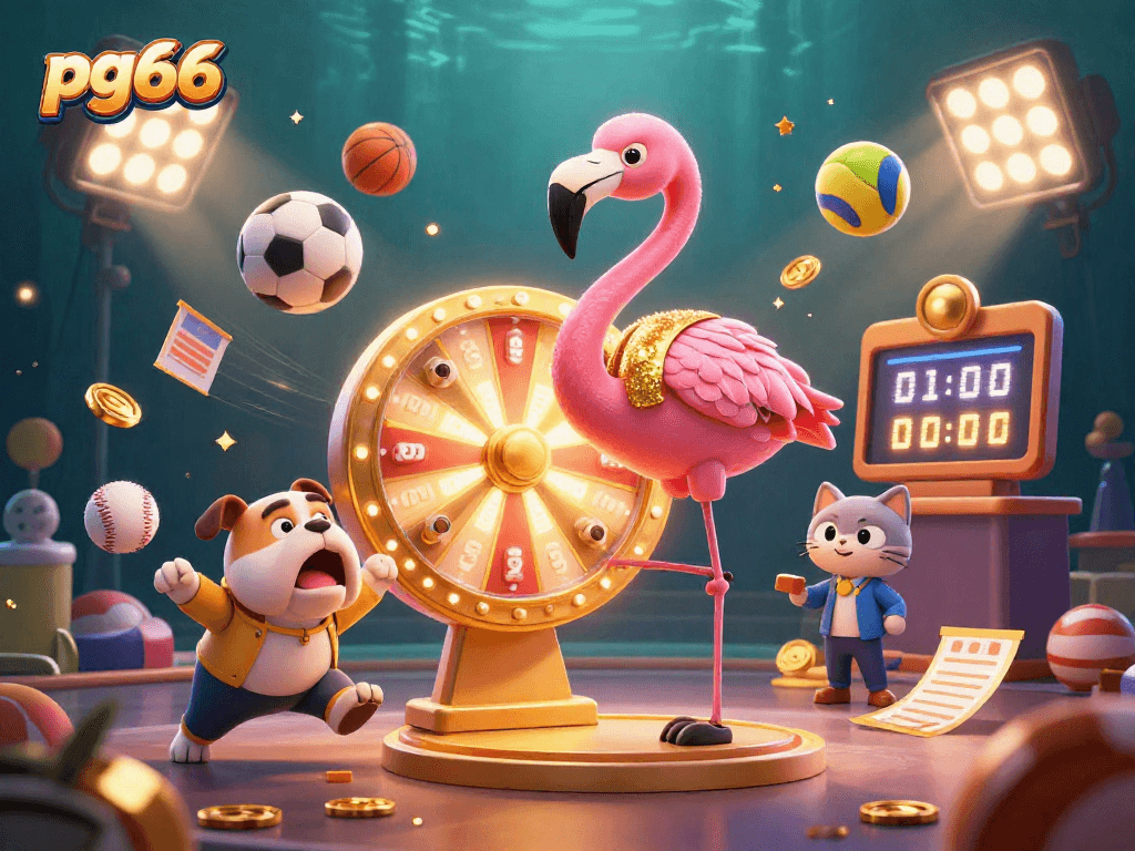Engage with pg66's thrilling prize wheel action featuring 3D lottery-style game elements and energetic characters.