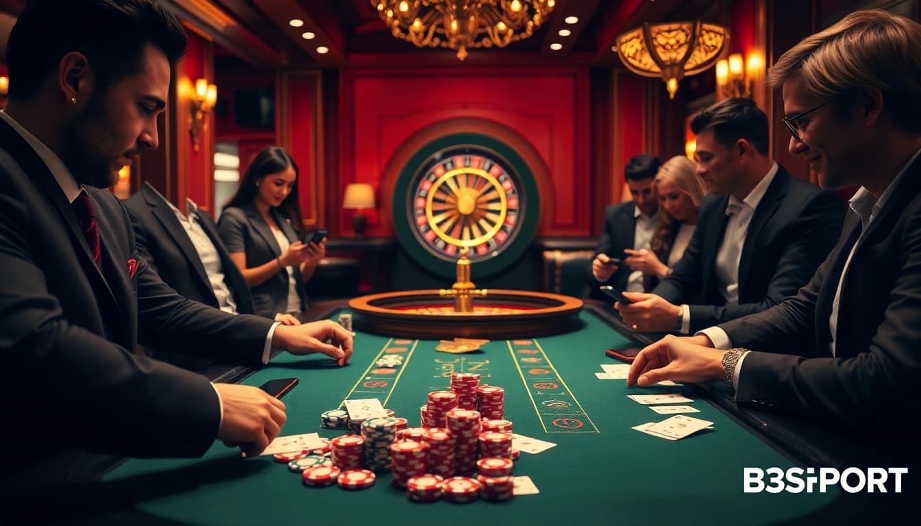 Experience high-stakes poker action at BSPORT with vibrant chips and excited players.