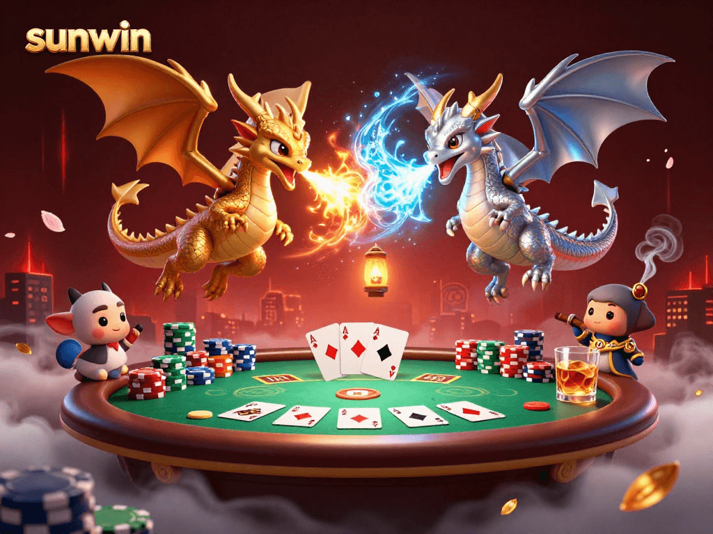 Experience the thrill of winning at sunwin with epic dragons and poker elements in this vibrant illustration.