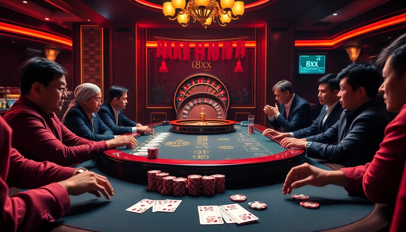 Action-packed moment at nhà cái 8XX poker game, capturing players' excitement and betting excitement.