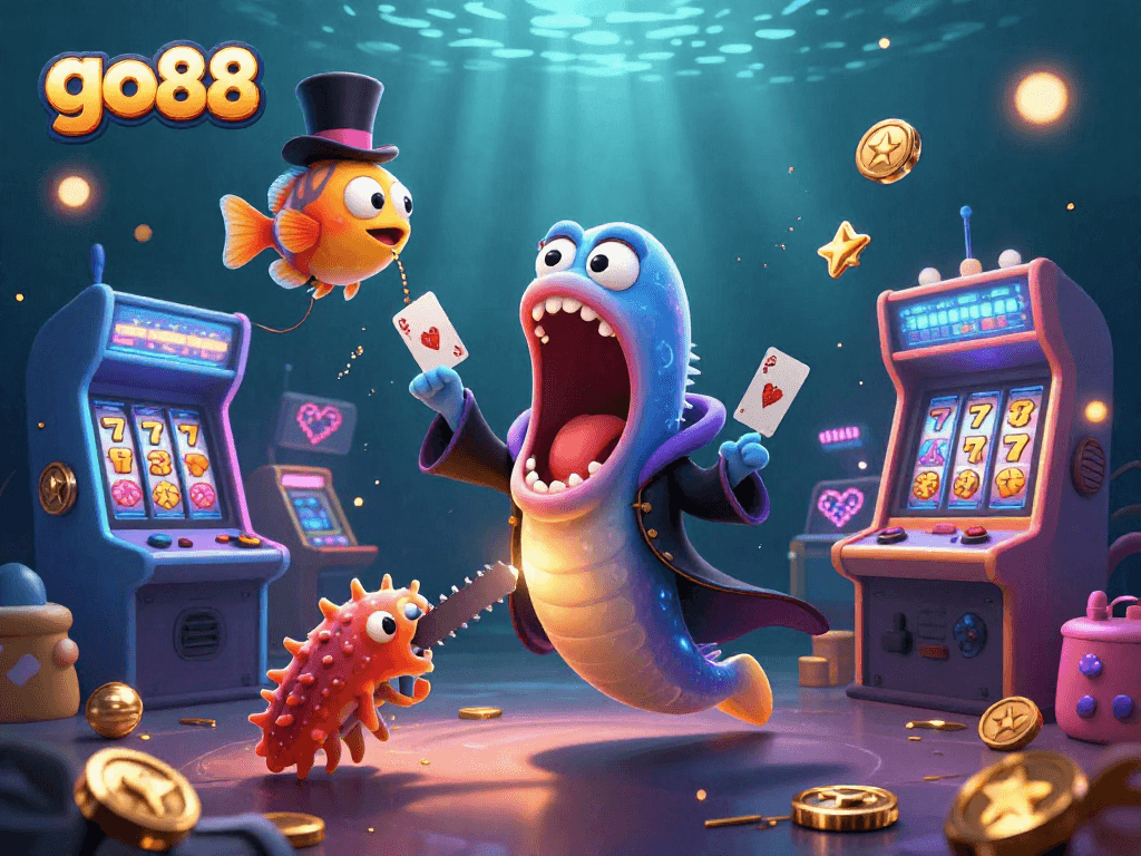 go88 showcases a vibrant casino scene with imaginative characters performing card tricks and surrounded by arcade delights.