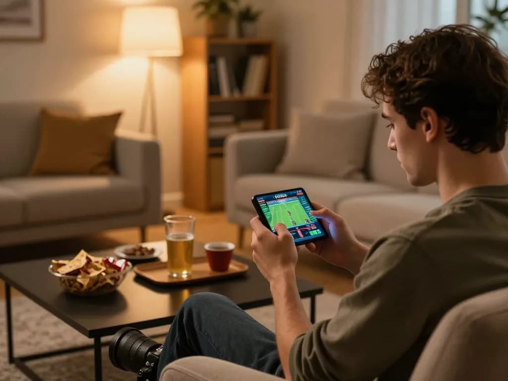 Engage in mobile sports betting on https://9bet.works/ from a cozy home setup, showcasing intense gameplay.