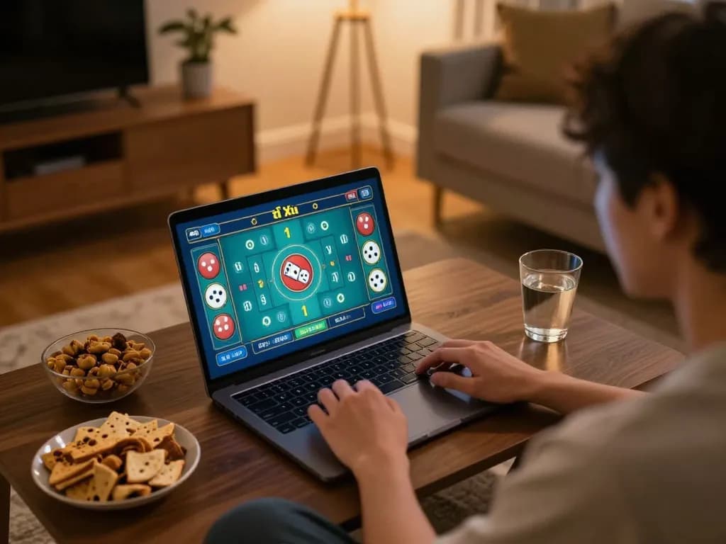 Engaging in Tài Xỉu online gameplay at home with a laptop, embodying a relaxed gaming experience.