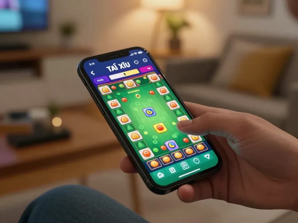 Tài Xỉu gaming interaction on a smartphone in a cozy environment, emphasizing responsible play