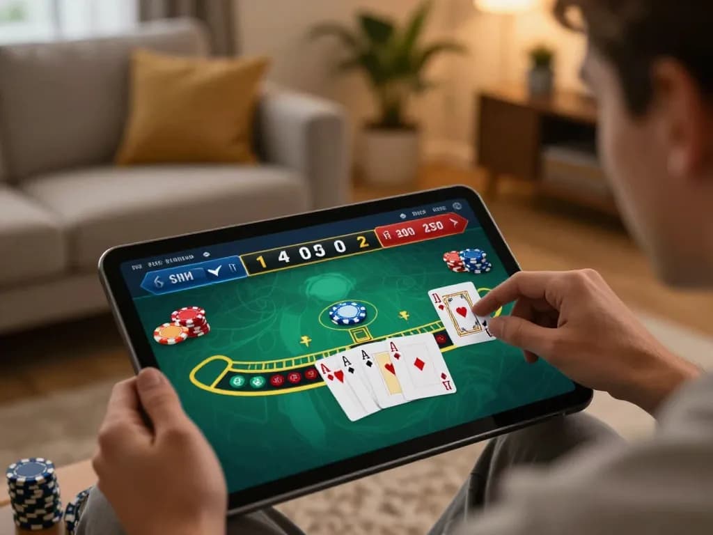 Player enjoying an online blackjack session at u888, showing betting actions on a tablet.