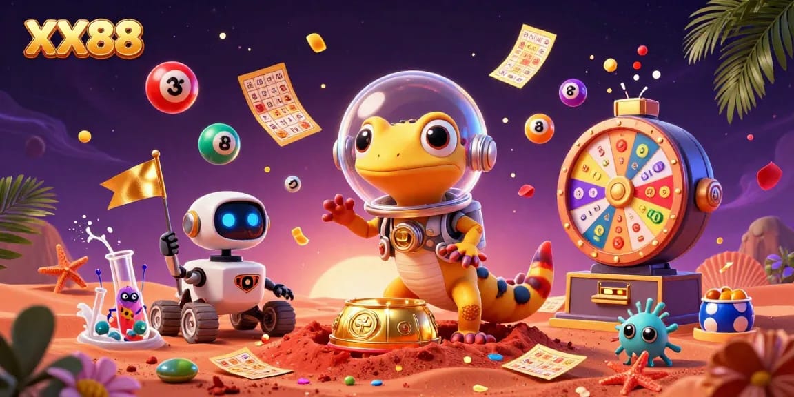 Experience the thrilling casino atmosphere at XX88 with a Martian gecko uncovering treasures.