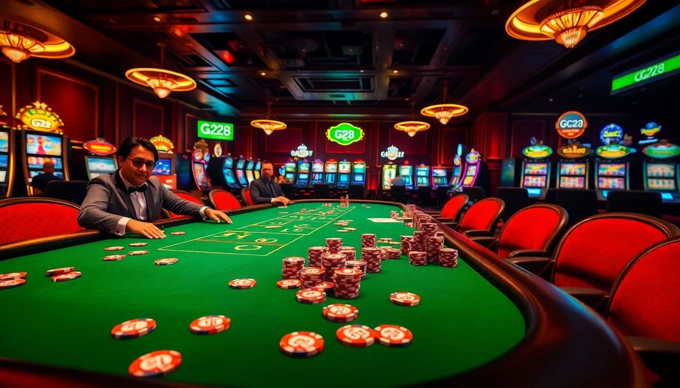 G28 poker table with vibrant chips and professional dealers in a luxurious casino.