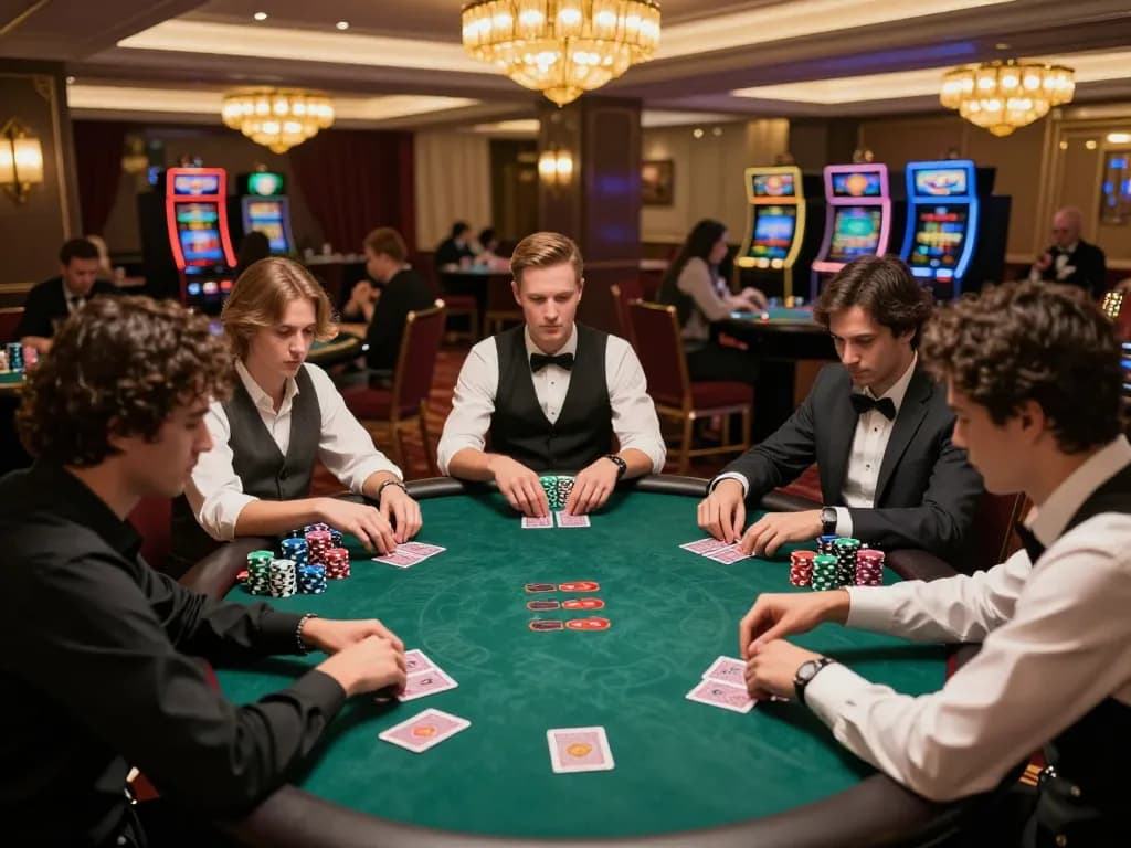 Engaging players captured during an intense poker game, highlighting game bài đổi thưởng uy tín in a luxurious casino setting.