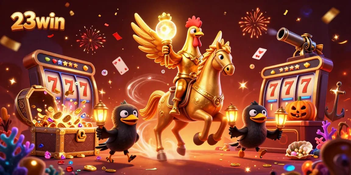 Experience thrilling wins at 23win in this vibrant casino scene with dynamic slot elements.