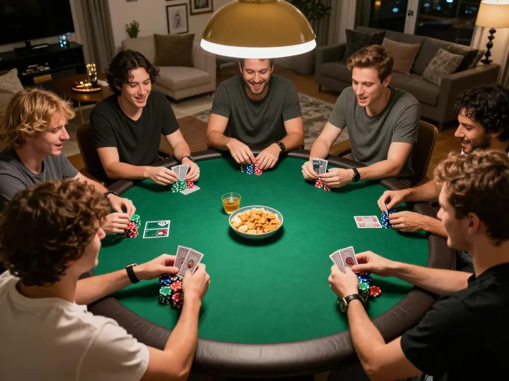 Friends engaged in a lively poker night at home, showcasing nhacaiuytinn strategies and camaraderie during gameplay.