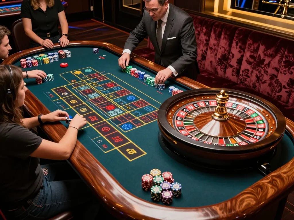 Experience the thrill at five88z with players placing bets at a roulette table in a stylish casino.