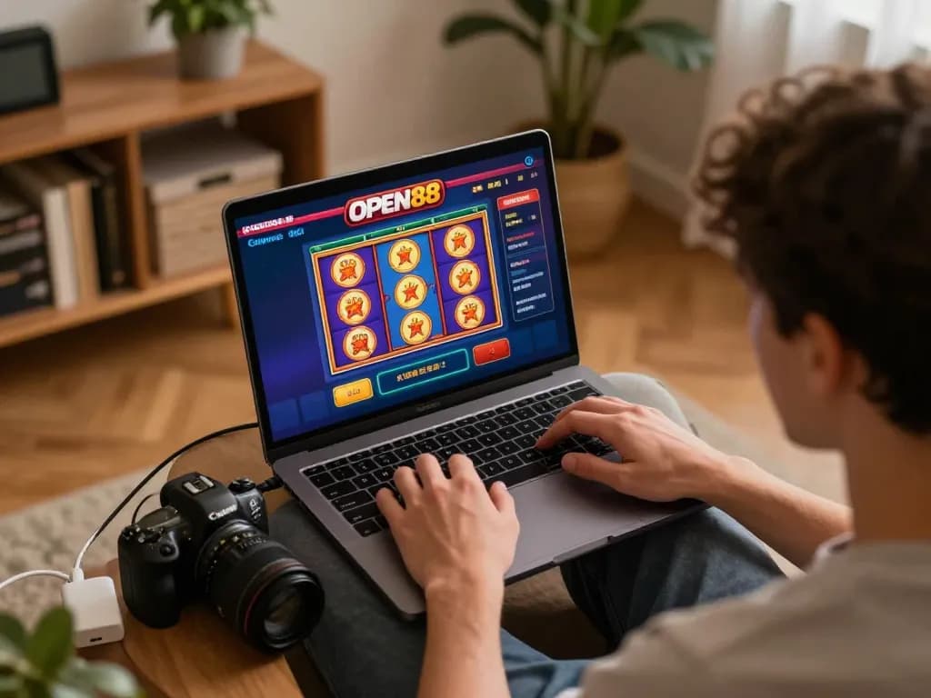 Engaging player enjoying OPEN88 online gaming on laptop in cozy home setting