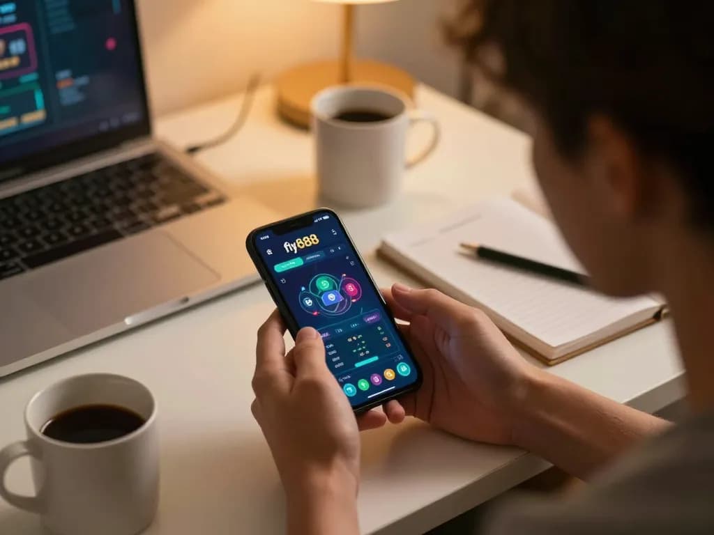 Engaged player using fly888 mobile app for exciting online gambling strategy