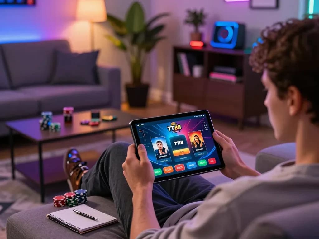 Player engaging with TT88 casino app on tablet in a cozy home gaming setup