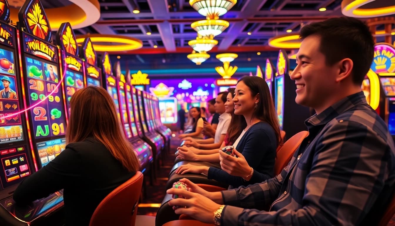 Playing nổ hủ 90 at vibrant slot machines, showcasing excitement and potential rewards.